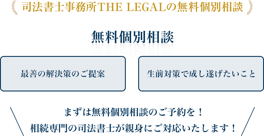 司法書士事務所THE LEGALの無料個別相談 まずは無料個別相談のご予約を! 最善の解決策のご提案 生前対策で成し遂げたいこと 相続専門の司法書士が親身にご対応いたします!